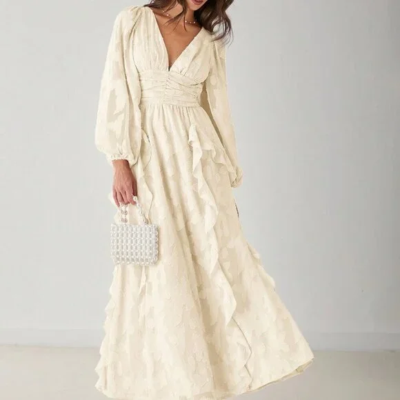 Dresses | Apricot Elegant Womens Romantic Vneck Ruffle Long Sleeve Maxi  Dress | Poshmark